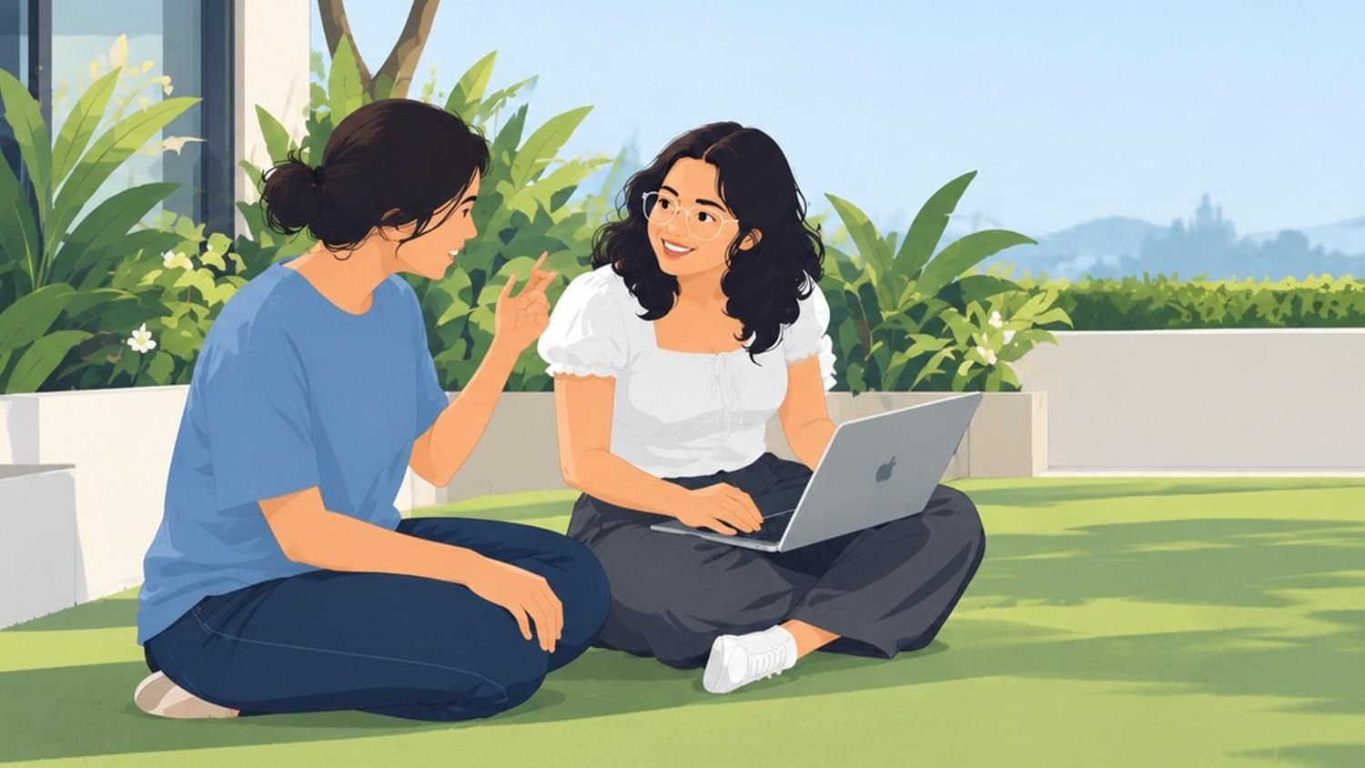 Two Sorbet Labs team members talking through a project on a laptop outdoors